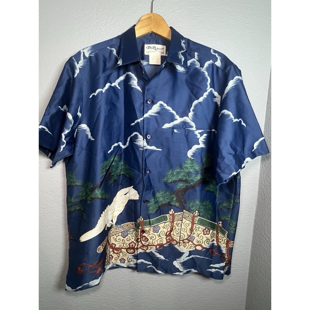 Tori Richards Hawaiian Shirt Mens L Liberty House Japanese Crane Bridge VTG 70's